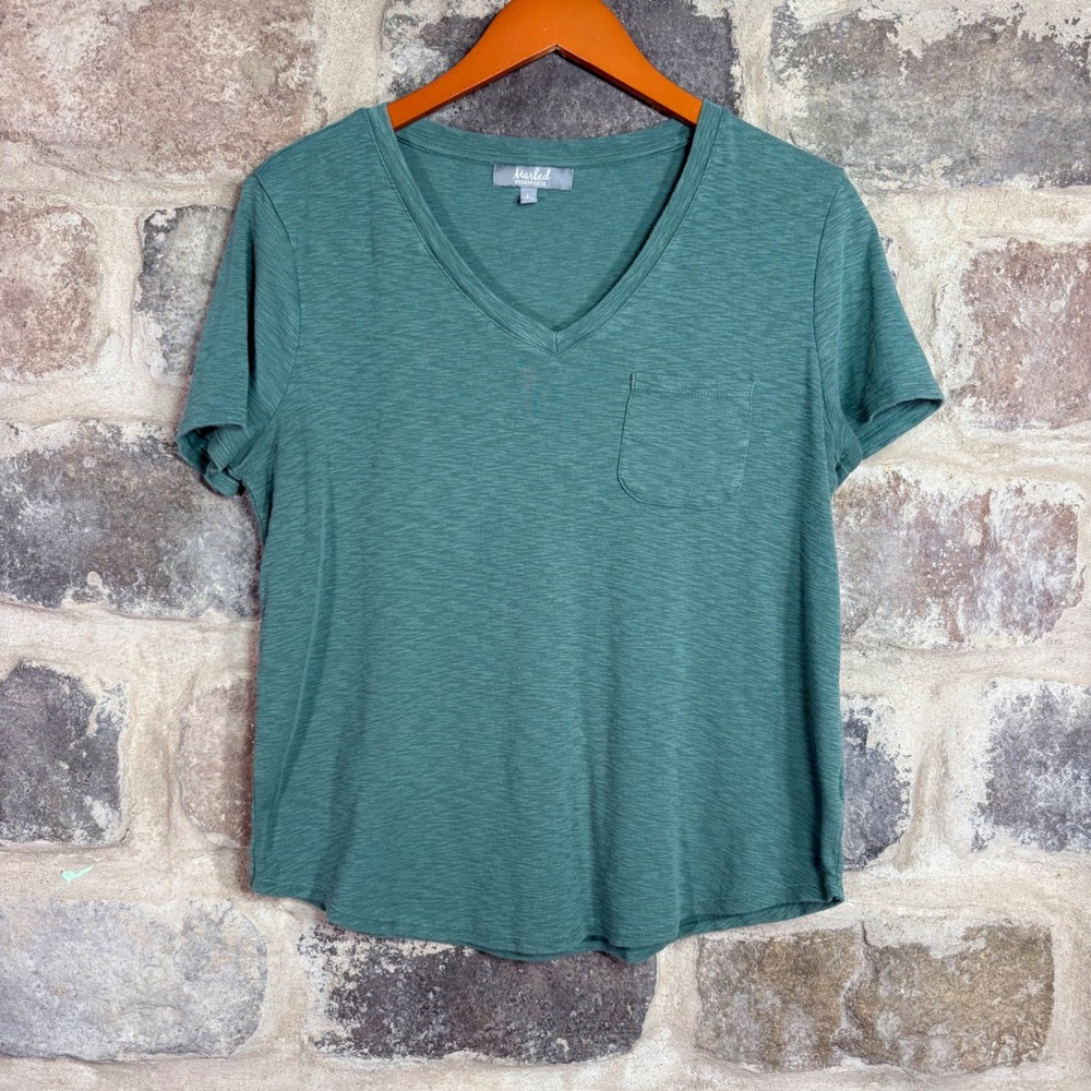 Marled Essentials Women's V-Neck Pocket Shirt Teal Green Slub Knit Large Coastal
